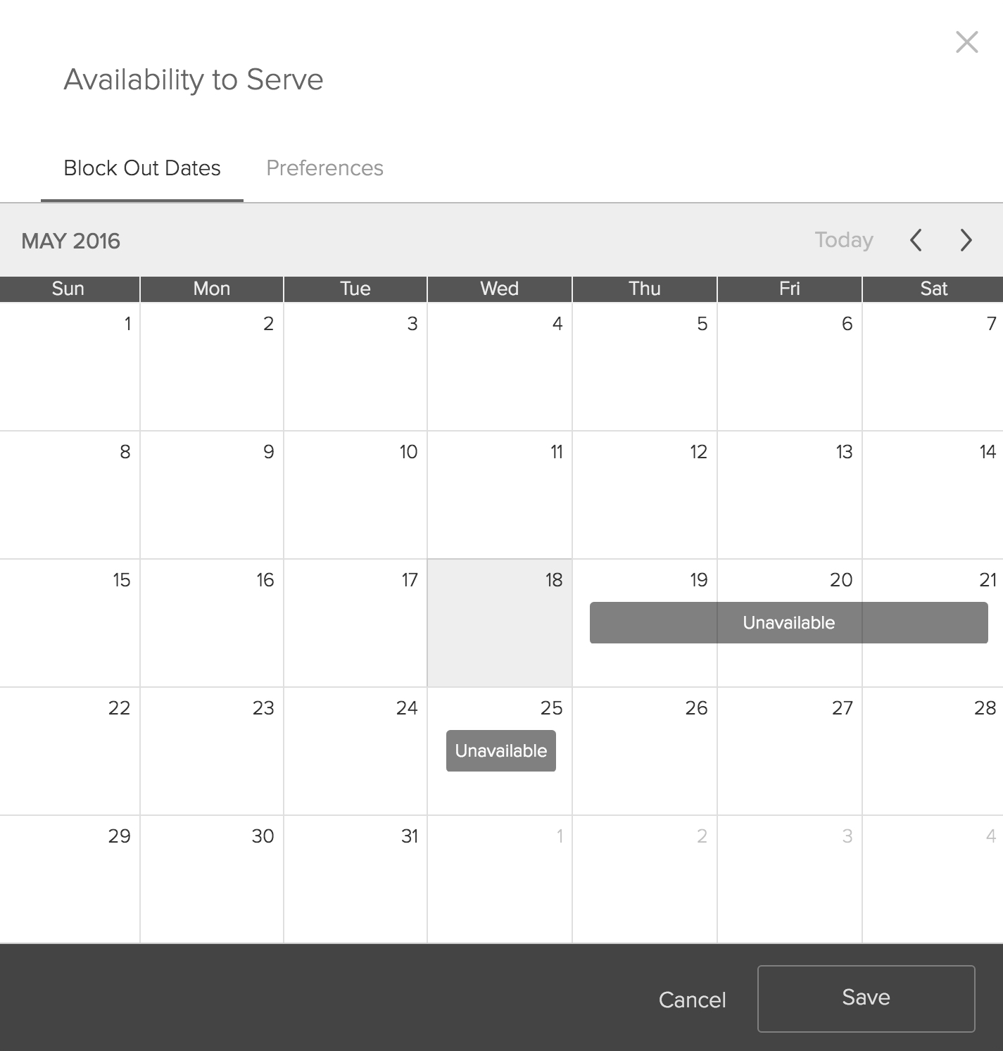 Calendar view of Availability to Serve